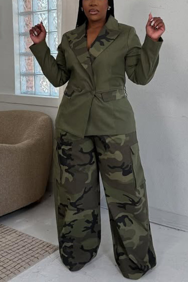 Casual Camo Print Top & Pants Set