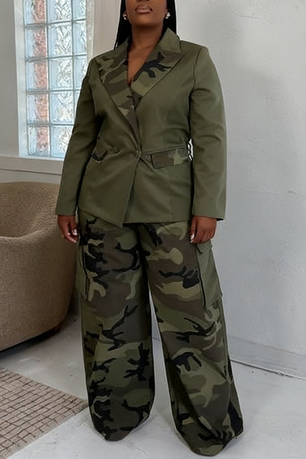 Casual Camo Print Top & Pants Set