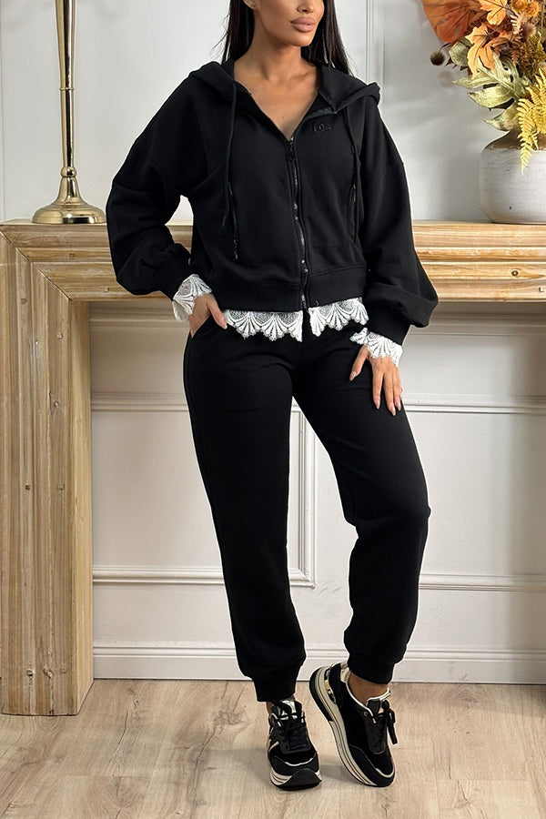Chic Contrast Lace Hoodie & Pants Set