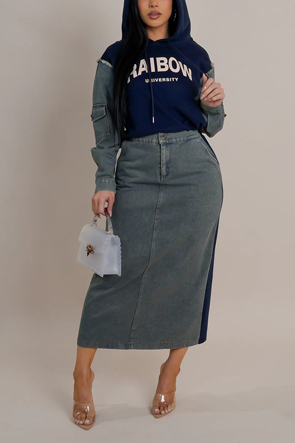 Casual Denim Splicing Hoodie & Skirt Set