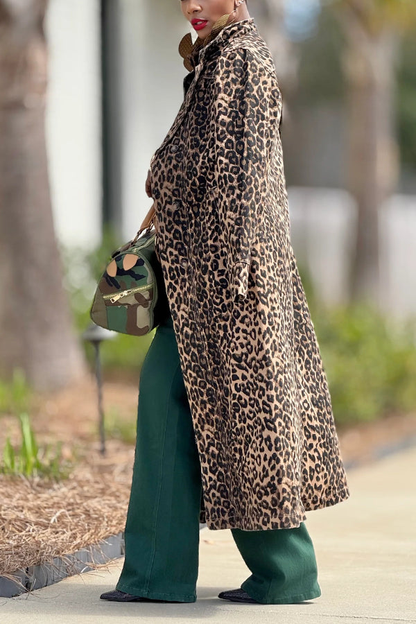 Fashionable Leopard Print Slit Hem Denim Trench Coat