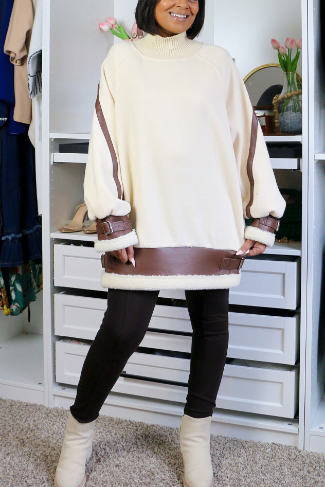 Versatile PU Patchwork Ribbed Collar Knitted Mini Dress