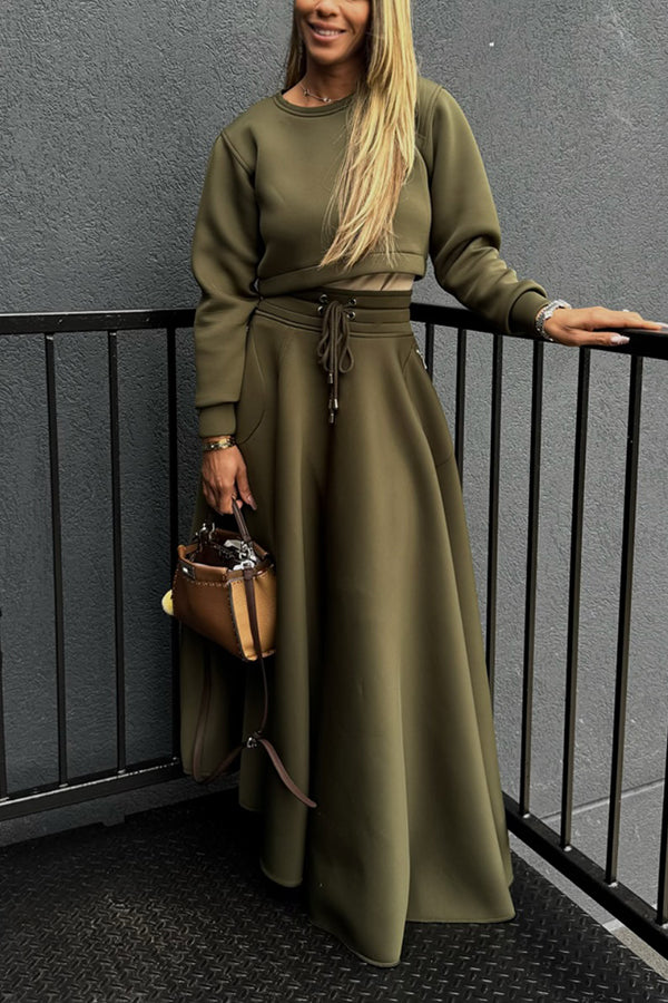 Casual Cropped Sweatshirt & Drawstring A Line Skirt Set