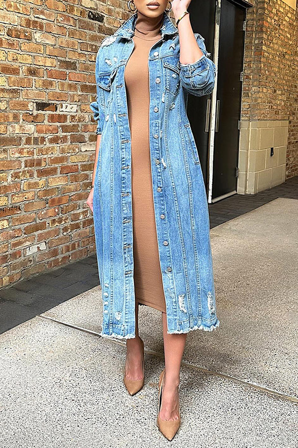 Stylish Single Breasted Ripped Denim Jacket*