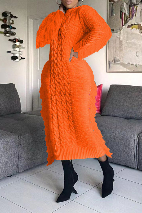 Cable Knit Fringe Trim Sweater Dress