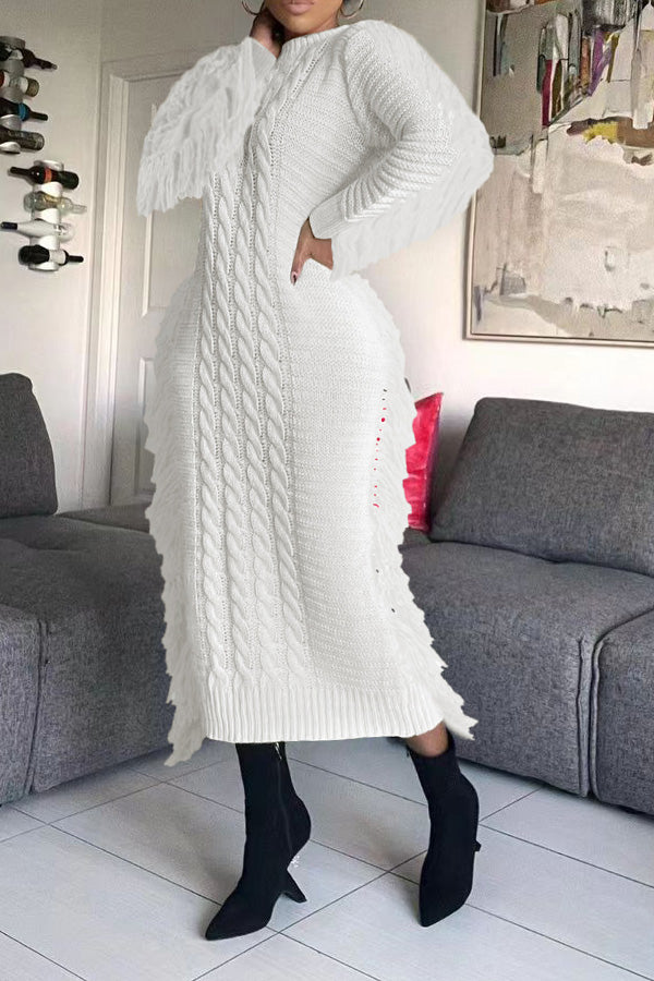 Cable Knit Fringe Trim Sweater Dress