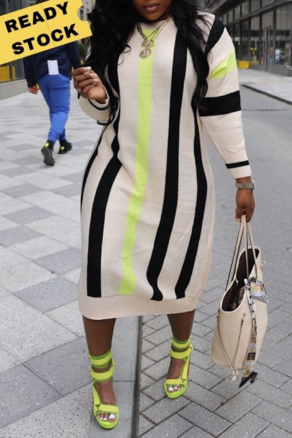 Casual Knit Stripe Round Neck Midi Dress
