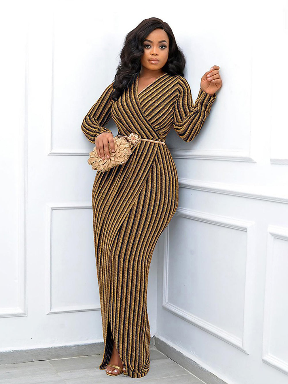Elegant Striped Surplice Neck Dress