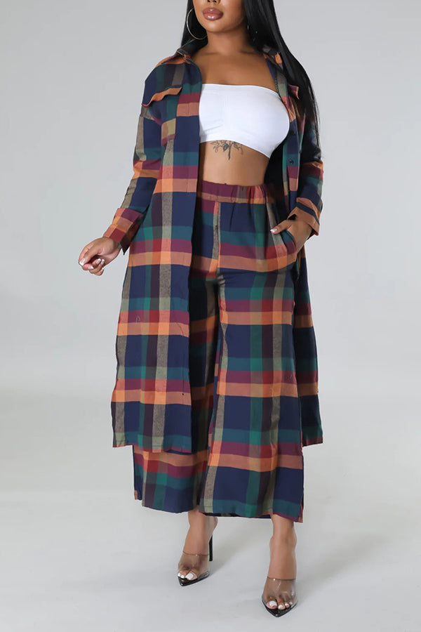 Retro Plaid Long Shirt & Pants Set