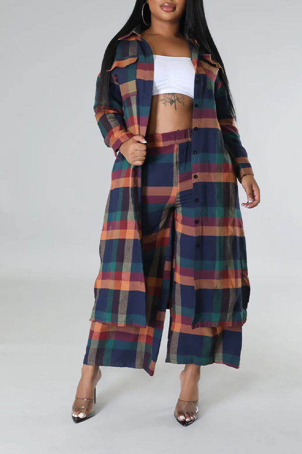 Retro Plaid Long Shirt & Pants Set