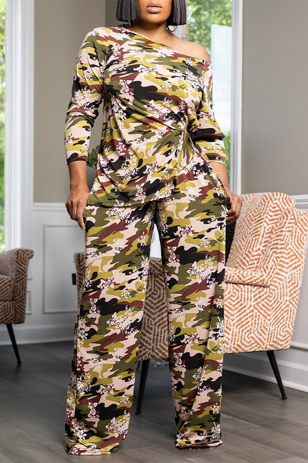 Retro Camo Print Oblique Neck Top & Pants Set