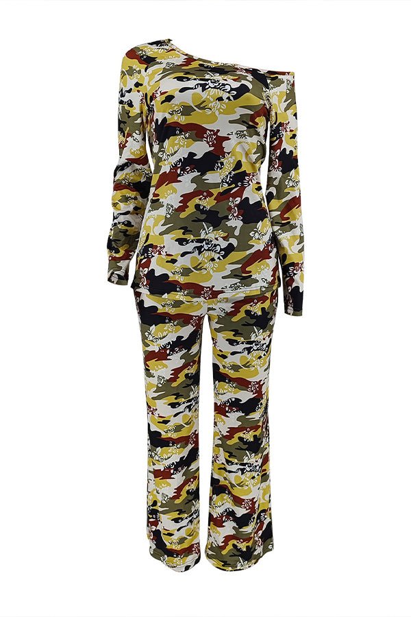 Retro Camo Print Oblique Neck Top & Pants Set