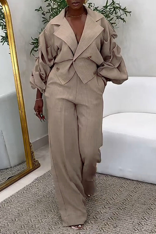 Casual Lapel & Pleated Sleeve Pant Suit