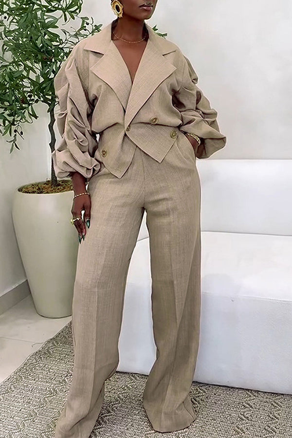 Casual Lapel & Pleated Sleeve Pant Suit