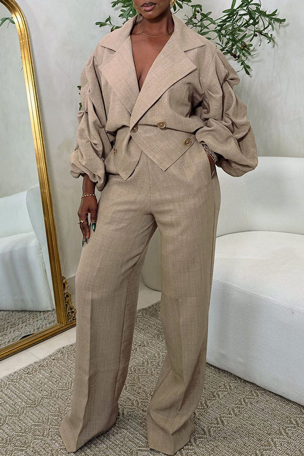 Casual Lapel & Pleated Sleeve Pant Suit