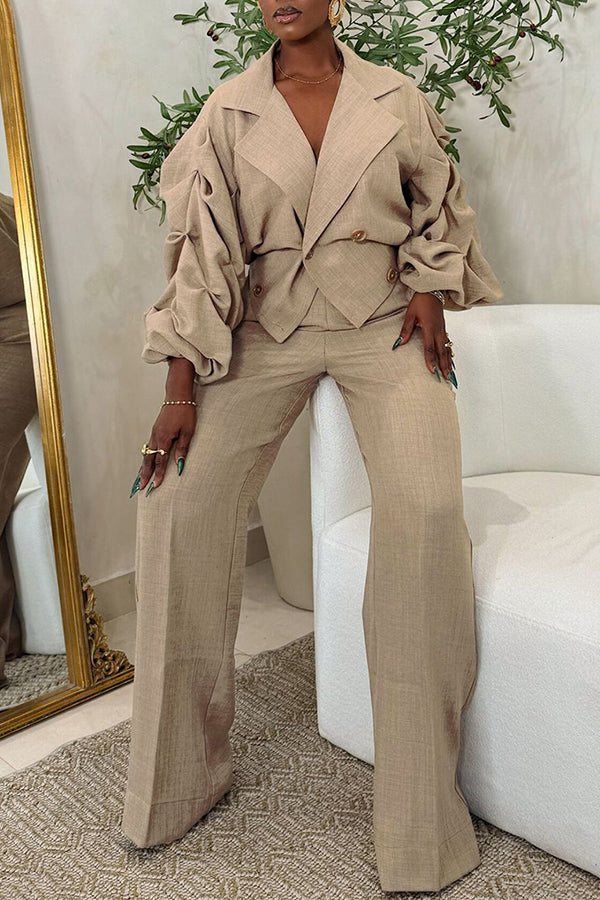 Casual Lapel & Pleated Sleeve Pant Suit