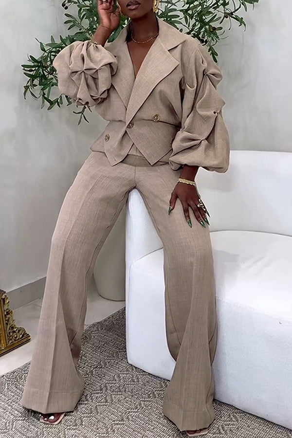 Casual Lapel & Pleated Sleeve Pant Suit
