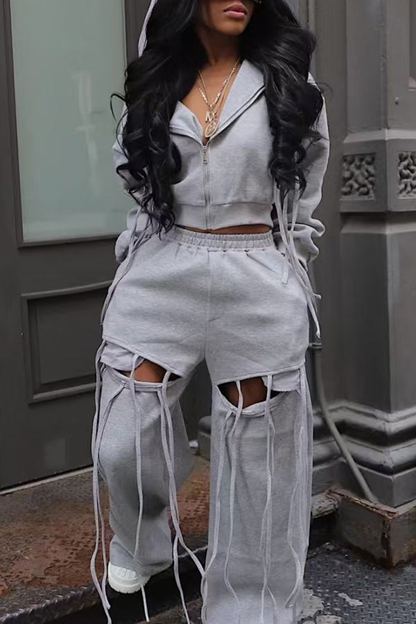 Fashionable Hooded Zipper Jacket & Ripped Wide-Leg Pants