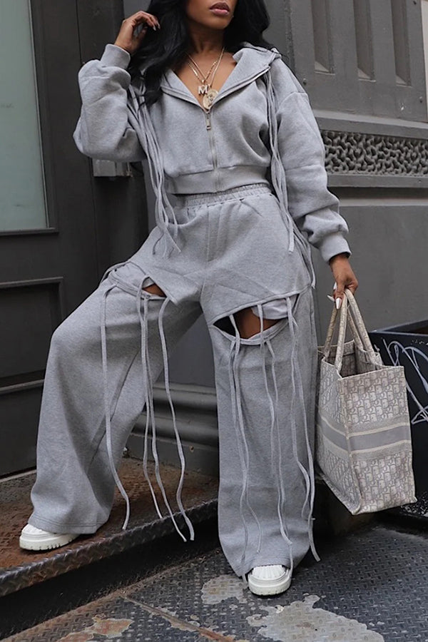 Fashionable Hooded Zipper Jacket & Ripped Wide-Leg Pants
