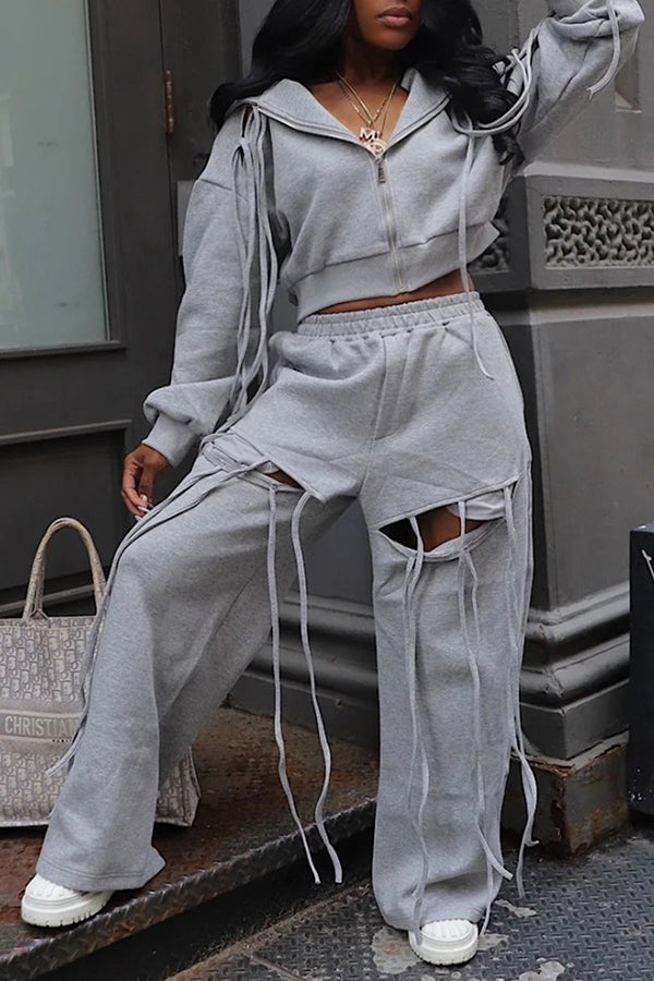Fashionable Hooded Zipper Jacket & Ripped Wide-Leg Pants