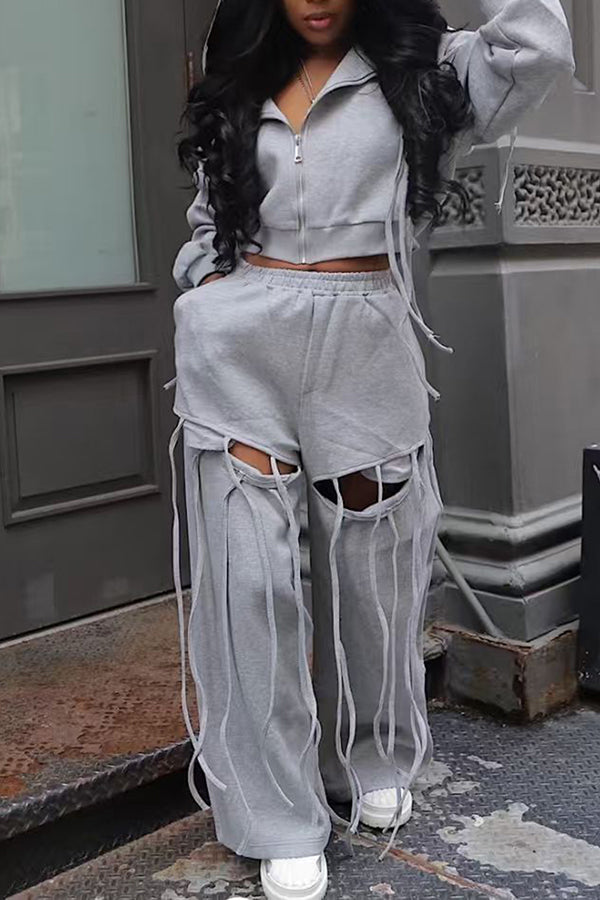 Fashionable Hooded Zipper Jacket & Ripped Wide-Leg Pants