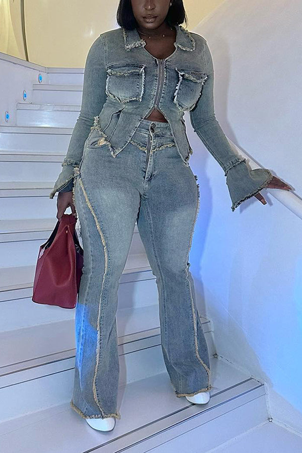 Frayed Detail Irregular Hem Zipper Denim Suit