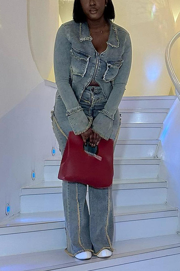 Frayed Detail Irregular Hem Zipper Denim Suit