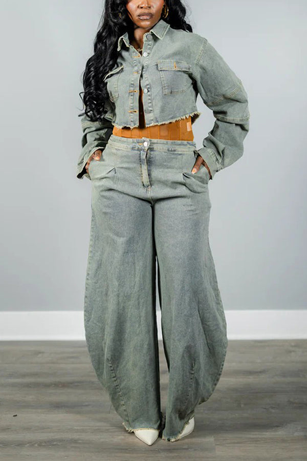 Cropped Long Sleeve Jacket & High-Waisted Wide-Leg Denim Pants