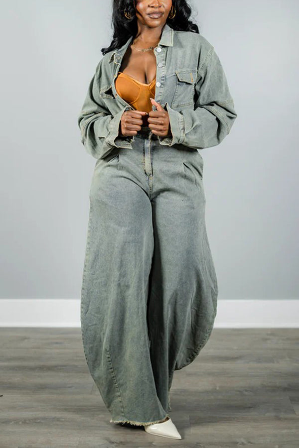 Cropped Long Sleeve Jacket & High-Waisted Wide-Leg Denim Pants