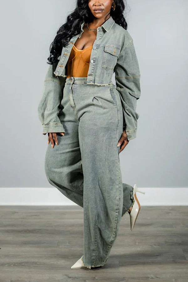 Cropped Long Sleeve Jacket & High-Waisted Wide-Leg Denim Pants