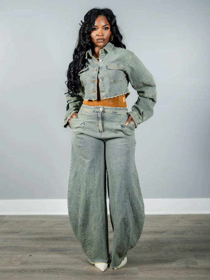 Cropped Long Sleeve Jacket & High-Waisted Wide-Leg Denim Pants