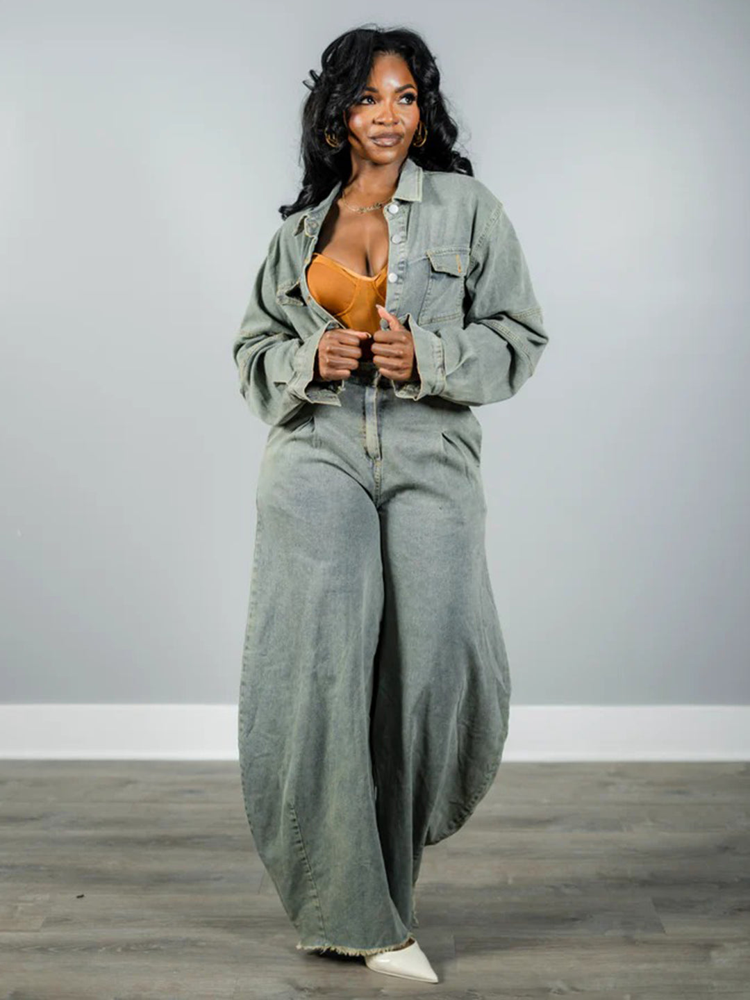 Cropped Long Sleeve Jacket & High-Waisted Wide-Leg Denim Pants