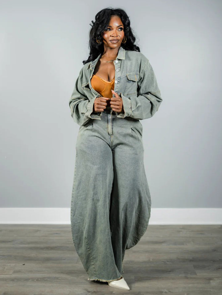 Cropped Long Sleeve Jacket & High-Waisted Wide-Leg Denim Pants