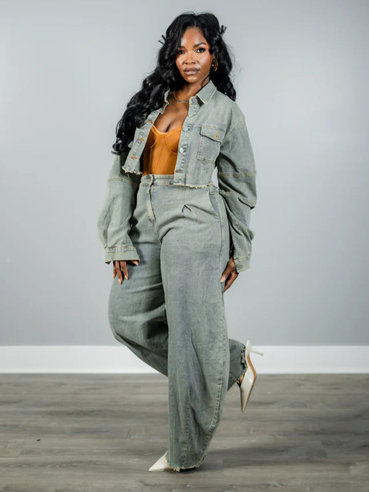 Cropped Long Sleeve Jacket & High-Waisted Wide-Leg Denim Pants