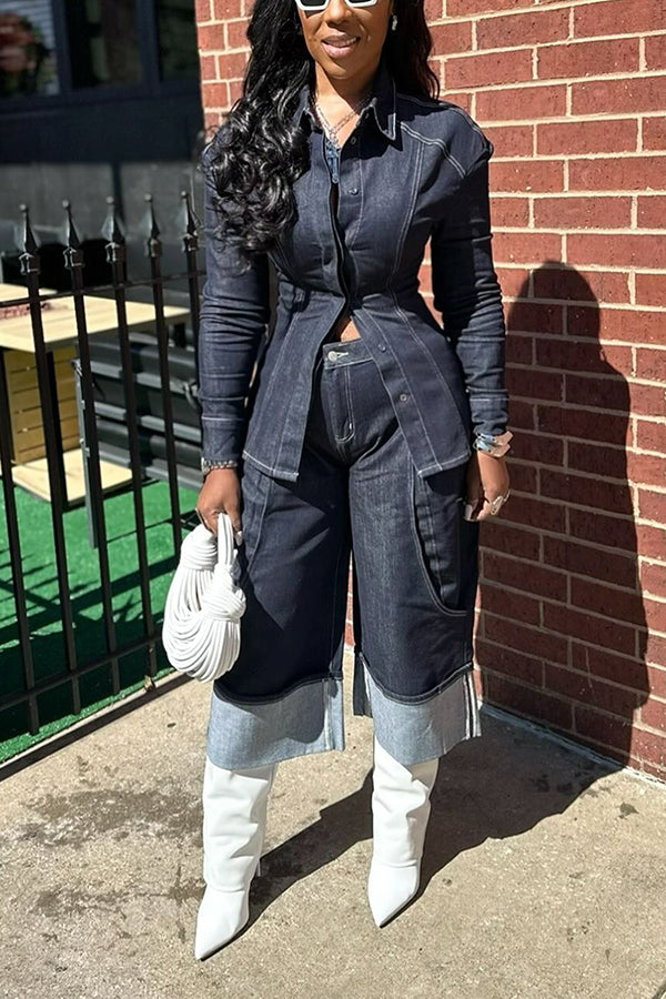 Fashionable Rolled-Hem Wide-Leg Denim Suit