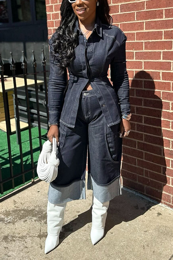 Fashionable Rolled-Hem Wide-Leg Denim Suit