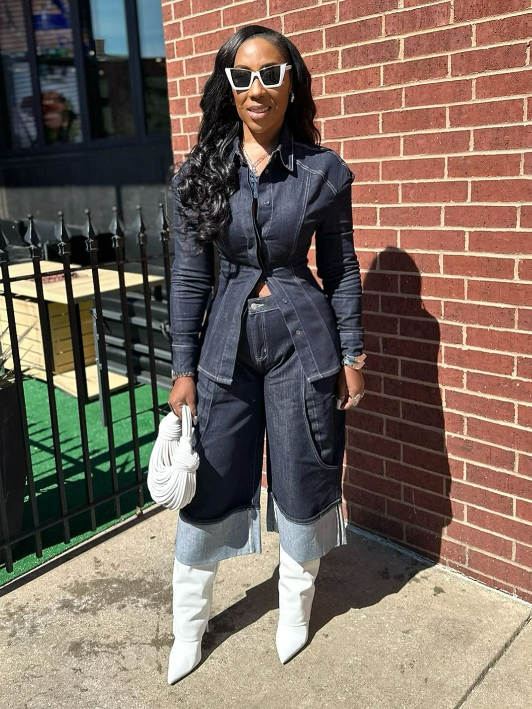 Fashionable Rolled-Hem Wide-Leg Denim Suit