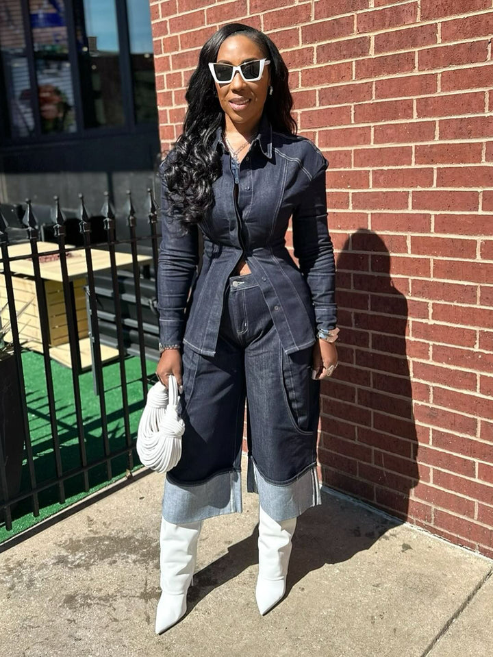 Fashionable Rolled-Hem Wide-Leg Denim Suit