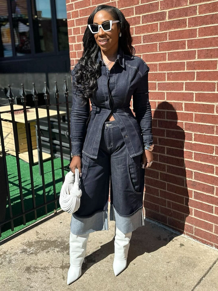 Fashionable Rolled-Hem Wide-Leg Denim Suit