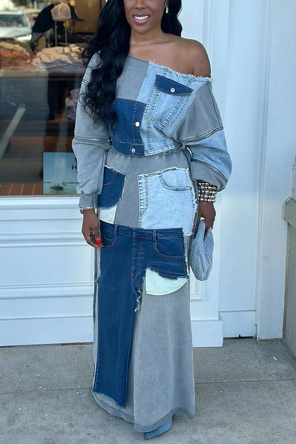 Fashionable Off-The-Shoulder Irregular Denim Patchwork Skirt Set