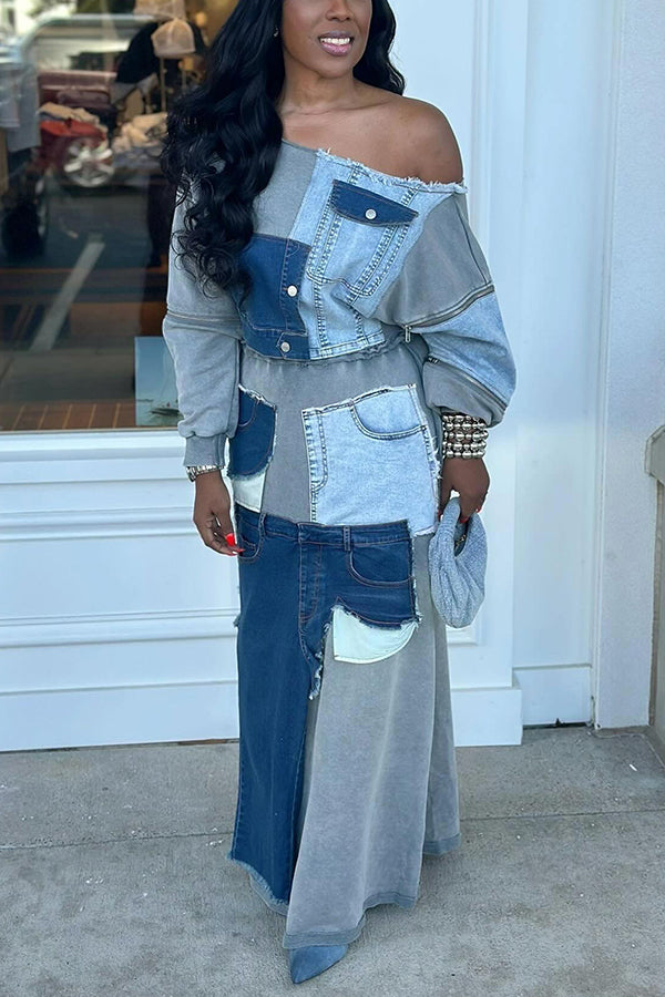 Fashionable Off-The-Shoulder Irregular Denim Patchwork Skirt Set