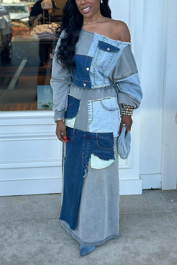 Fashionable Off-The-Shoulder Irregular Denim Patchwork Skirt Set