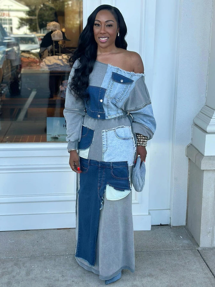 Fashionable Off-The-Shoulder Irregular Denim Patchwork Skirt Set