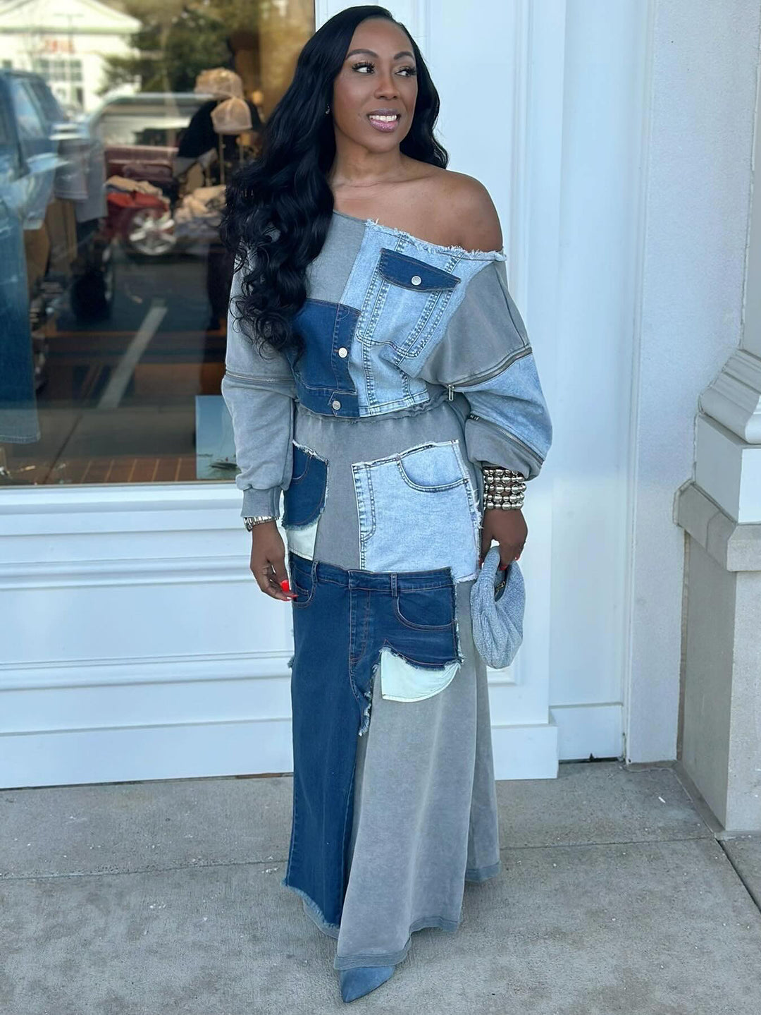 Fashionable Off-The-Shoulder Irregular Denim Patchwork Skirt Set
