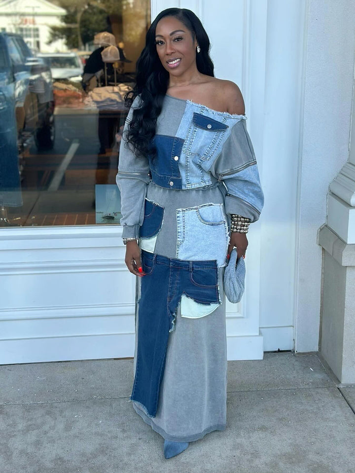 Fashionable Off-The-Shoulder Irregular Denim Patchwork Skirt Set