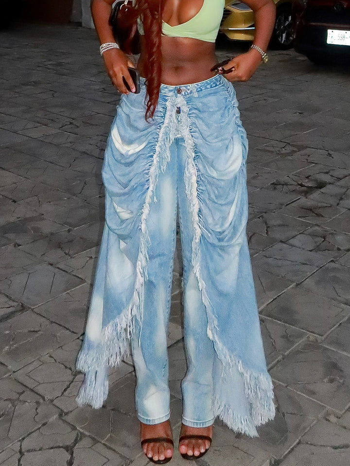 Fashion Pleated Tassel Cape Jeans