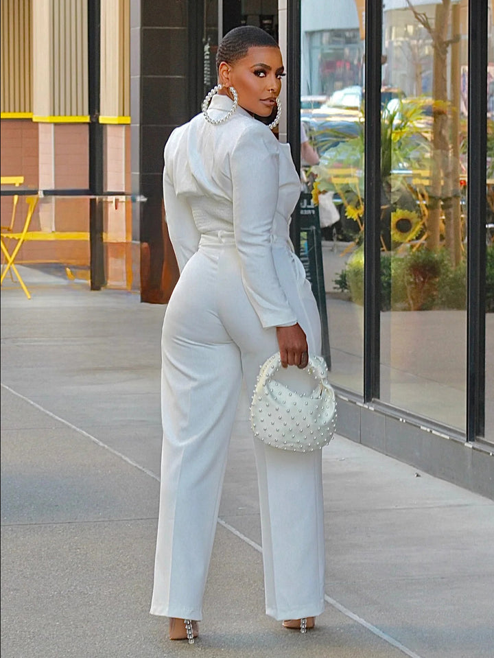 Elegant Padded Shoulder Double-Breasted Cropped Blazer & Straight-Leg Pants