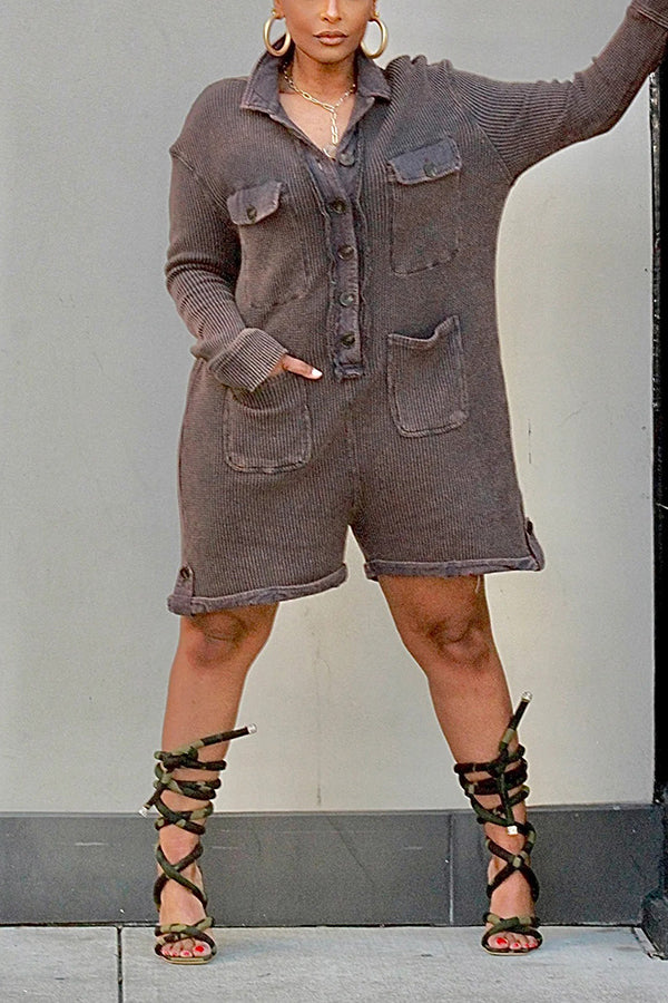 Casual Washed Button Waffle Romper