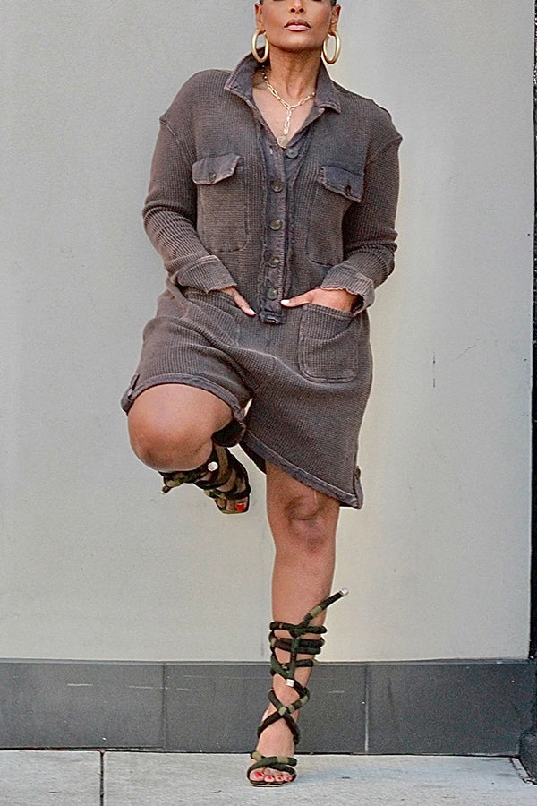 Casual Washed Button Waffle Romper