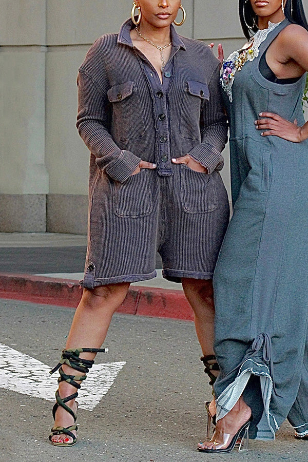 Casual Washed Button Waffle Romper